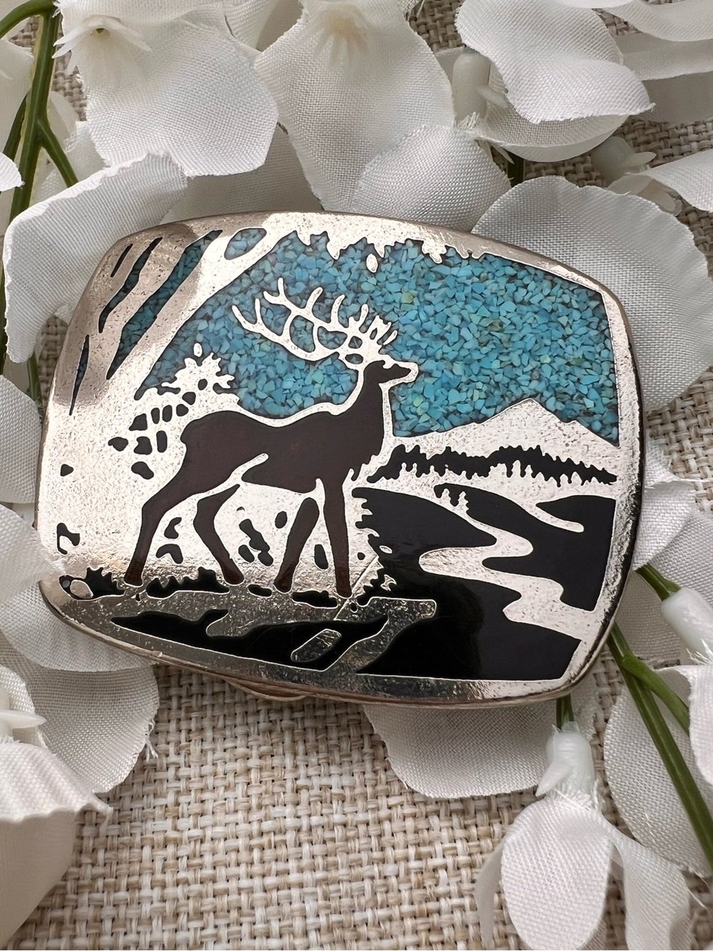 VINTAGE Belt Buckle | Colourful Western Enamel Metal Buckle with Forest Deer